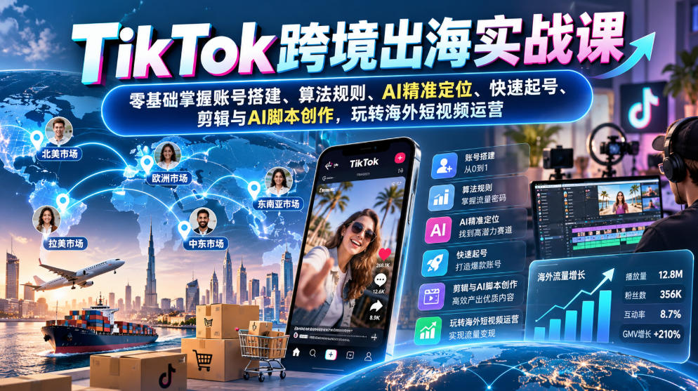 TikTok跨境出海实战课:零基础掌握账号搭建、算法规则、AI精准定位、快速起号、剪辑与AI脚本创作,玩转海外短视频运营-小艾项目网