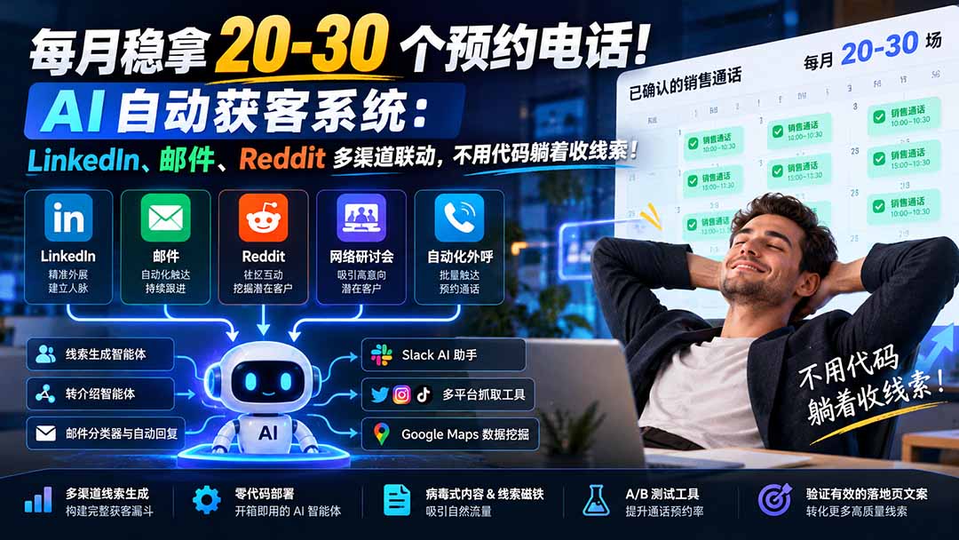 每月稳拿 20-30 个预约电话！AI 自动获客系统：LinkedIn、邮件、Reddit 多渠道联动，不用代码躺着收线索！-小艾项目网
