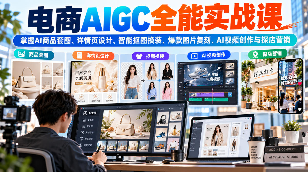 电商AIGC全能实战课:掌握AI商品套图、详情页设计、智能抠图换装、爆款图片复刻、AI视频创作与探店营销-小艾项目网