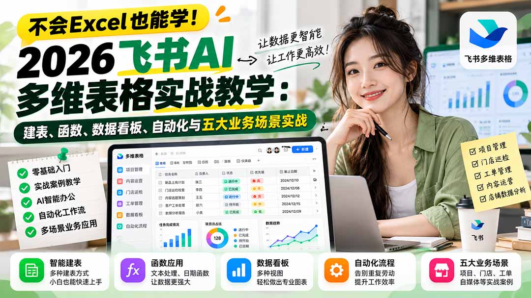 不会Excel也能学！2026飞书AI多维表格实战教学：建表、函数、数据看板、自动化与五大业务场景实战-小艾项目网