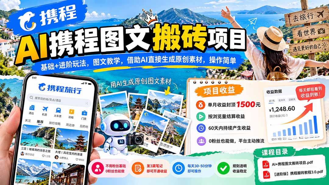 AI携程图文搬砖项目,基础+进阶玩法,图文教学,借助AI直接生成原创素材,操作简单-小艾项目网