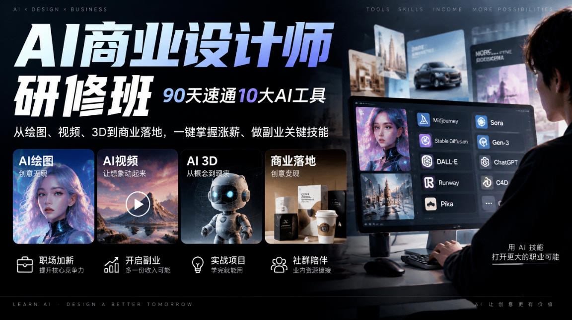 AI商业设计师研修班，90天速通10大AI工具，从绘图、视频、3D到商业落地，一键掌握涨薪、做副业关键技能-小艾项目网