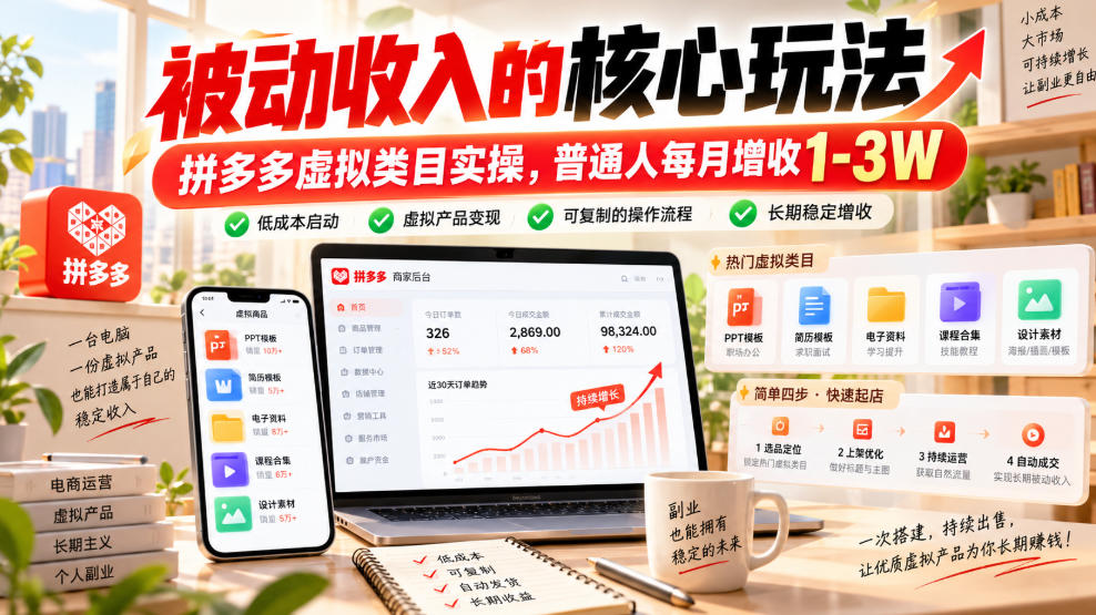 被动收入的核心玩法，拼多多虚拟类目实操，普通人每月增收1-3W【揭秘】-小艾项目网