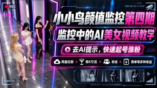 小小鸟颜值监控第四期，监控中的AI美女视频教学，去AI提示，快速起号涨粉，网盘拉新+商K引流+收徒+商单等多种收益-小艾项目网