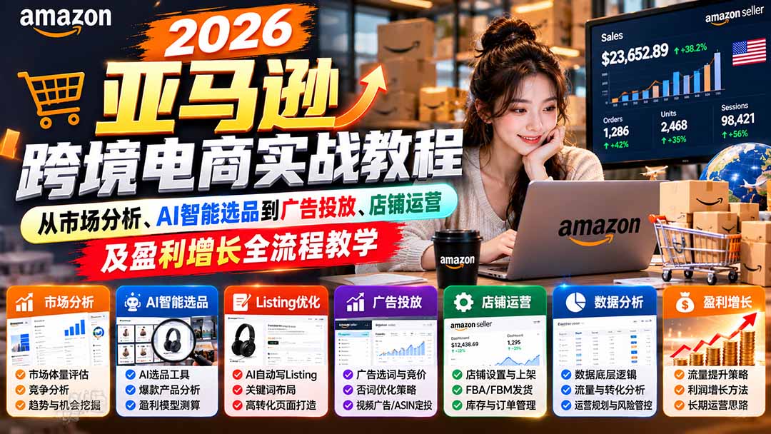 2026亚马逊跨境电商实战教程-更新1027,从市场分析、AI智能选品到广告投放、店铺运营及盈利增长全流程教学-小艾项目网