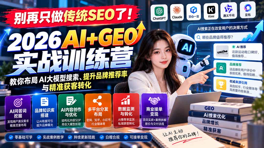 别再只做传统SEO了！《2026AI+GEO实战训练营》教你布局AI大模型搜索、提升品牌推荐率与精准获客转化-小艾项目网