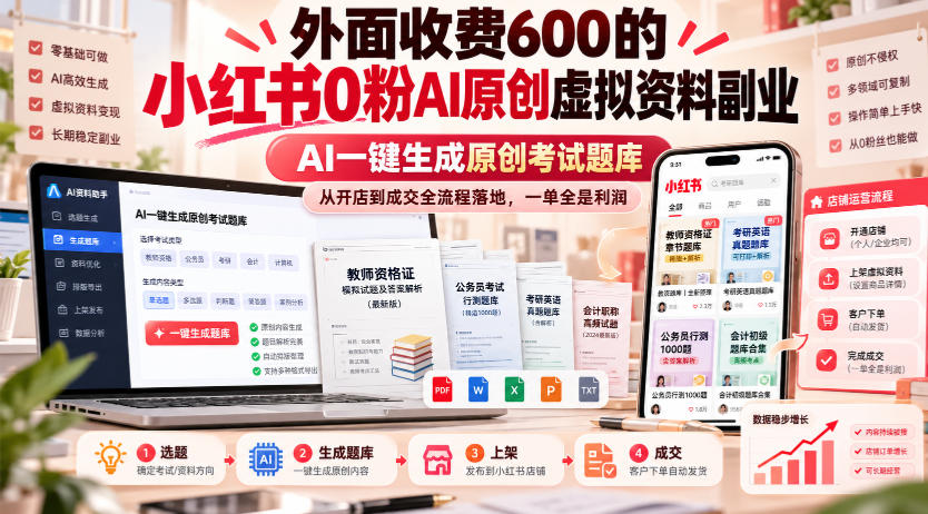 外面收费600的小红书0粉AI原创虚拟资料副业，AI一键生成原创考试题库，从开店到成交全流程落地，一单全是利润-小艾项目网