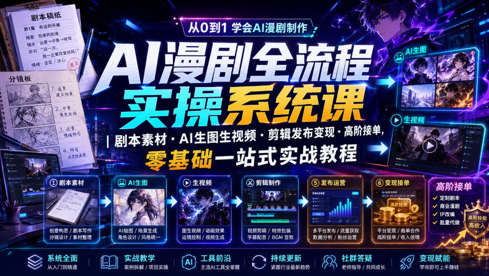 AI漫剧全流程实操系统课｜剧本素材・AI生图生视频・剪辑发布变现・高阶接单，零基础一站式实战教程(更新1027)-小艾项目网