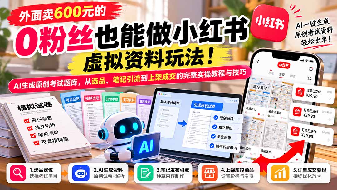 外面卖600元的 零粉丝也能做小红书虚拟资料玩法!AI生成原创考试题库,从选品、笔记引流到上架成交的完整实操教程-小艾项目网