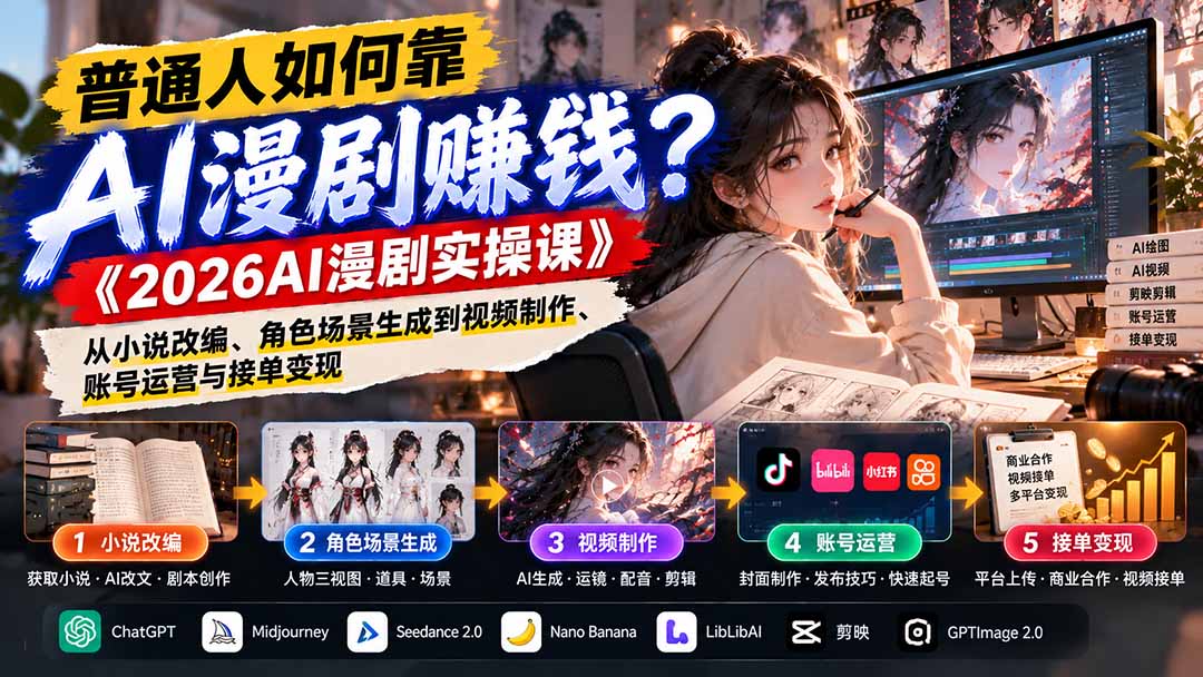普通人如何靠AI漫剧赚钱？《2026AI漫剧实操课》从小说改编、角色场景生成到视频制作、账号运营与接单变现-小艾项目网