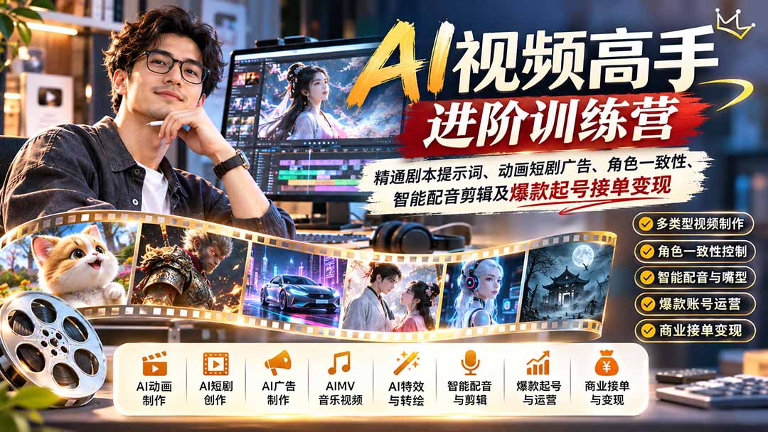 AI视频高手进阶训练营：精通剧本提示词、动画短剧广告、角色一致性、智能配音剪辑及爆款起号接单变现-小艾项目网