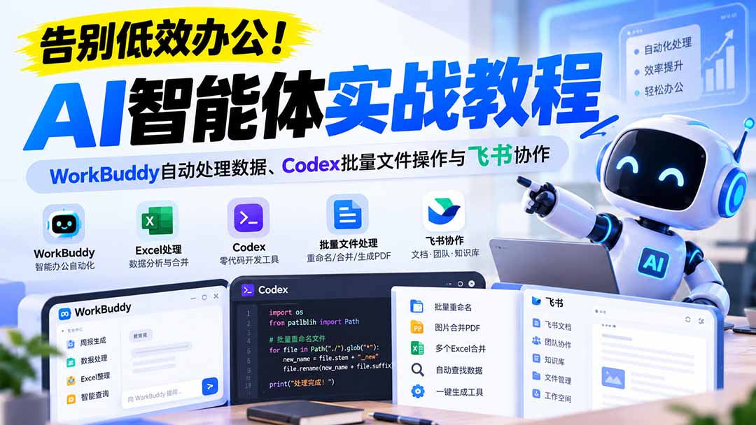 【无水印】告别低效办公！《AI智能体实战教程》WorkBuddy自动处理数据、Codex批量文件操作与飞书协作-小艾项目网