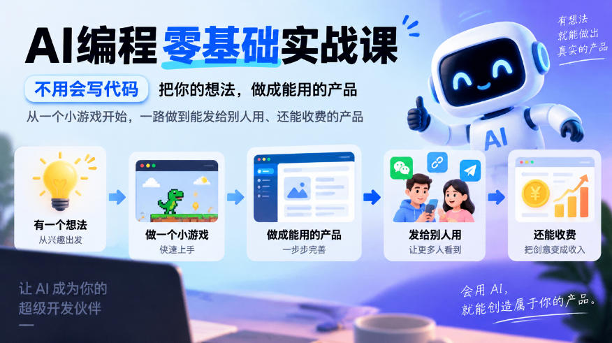 AI编程零基础实战课,不用会写代码,把你的想法,做成能用的产品,从一个小游戏开始,一路做到能发给别人用、还能收费的产品-小艾项目网