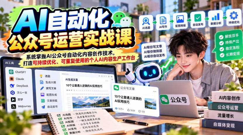 AI自动化公众号运营实战课，系统掌握AI公众号自动化内容创作技术，打造可持续优化、可重复使用的个人AI内容生产工作台-小艾项目网
