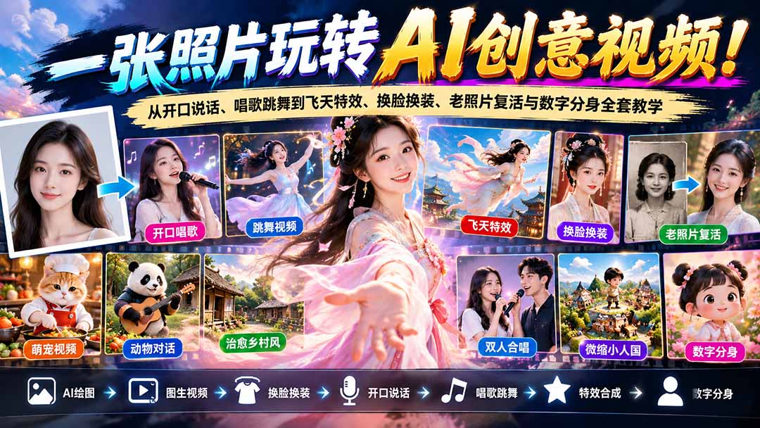 一张照片玩转AI创意视频！从开口说话、唱歌跳舞到飞天特效、换脸换装、老照片复活与数字分身全套教学-小艾项目网