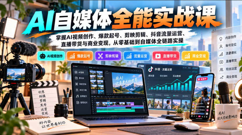 【无水印】AI自媒体全能实战课,掌握AI视频创作、爆款起号、剪映剪辑、抖音流量运营、直播带货与商业变现,从零基础到自媒体全链路实操-小艾项目网