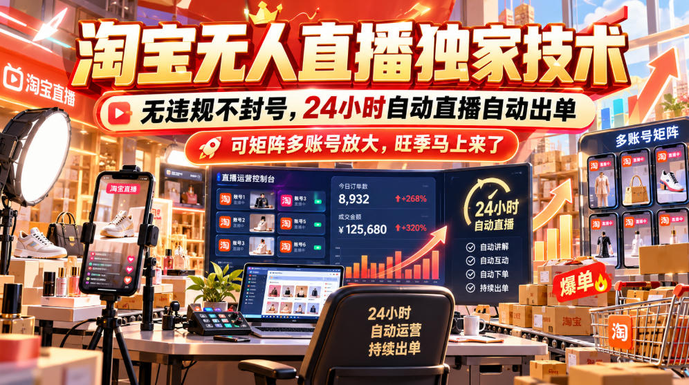 淘宝无人直播独家技术，无违规不封号，24小时自动直播自动出单，可矩阵多账号放大，旺季马上来了【揭秘】-小艾项目网