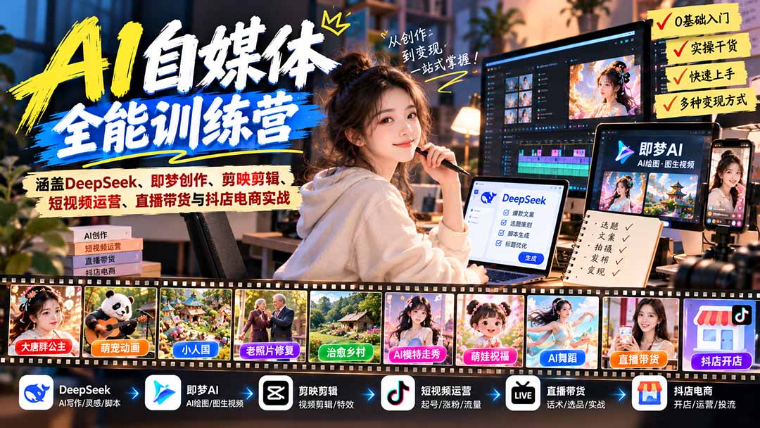 【无水印】AI+自媒体全能训练营：涵盖DeepSeek、即梦创作、剪映剪辑、短视频运营、直播带货与抖店电商实战-小艾项目网