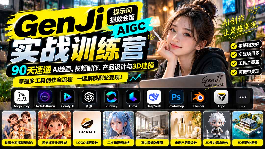 GenJi AIGC实战训练营：90天速通AI绘画、视频制作、产品设计与3D建模，掌握多工具创作全流程-小艾项目网