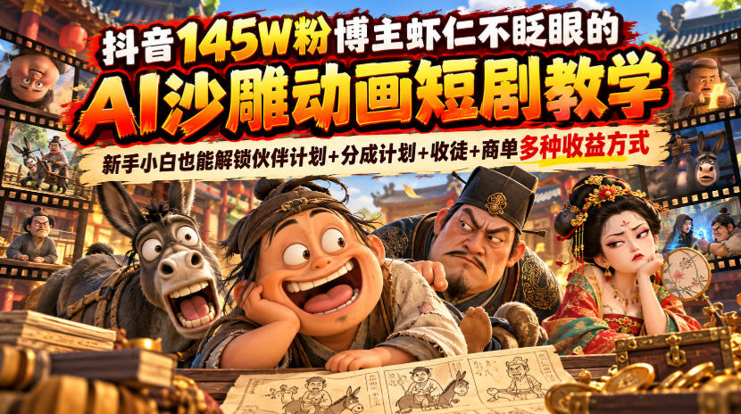 抖音145W粉博主虾仁不眨眼的AI沙雕动画短剧教学，新手小白也能解锁伙伴计划+分成计划+收徒+商单多种收益方式-小艾项目网
