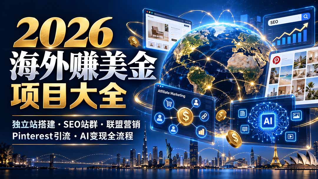 2026海外赚美金项目大全：独立站搭建、SEO站群、联盟营销、Pinterest引流与AI变现全流程-小艾项目网