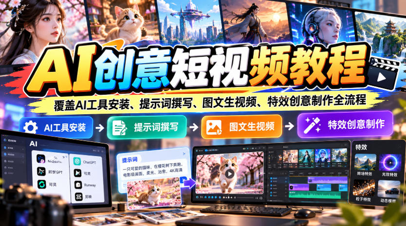 AI创意短视频教程,覆盖AI工具安装、提示词撰写、图文生视频、特效创意制作全流程-小艾项目网