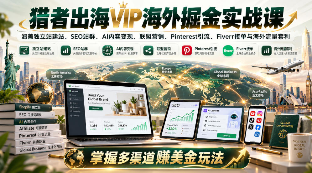 猎者出海VIP海外掘金实战课:涵盖独立站、SEO站群、AI变现、联盟营销、Pinterest引流、Fiverr接单与海外流量套利,掌握多渠道賺美金玩法-小艾项目网