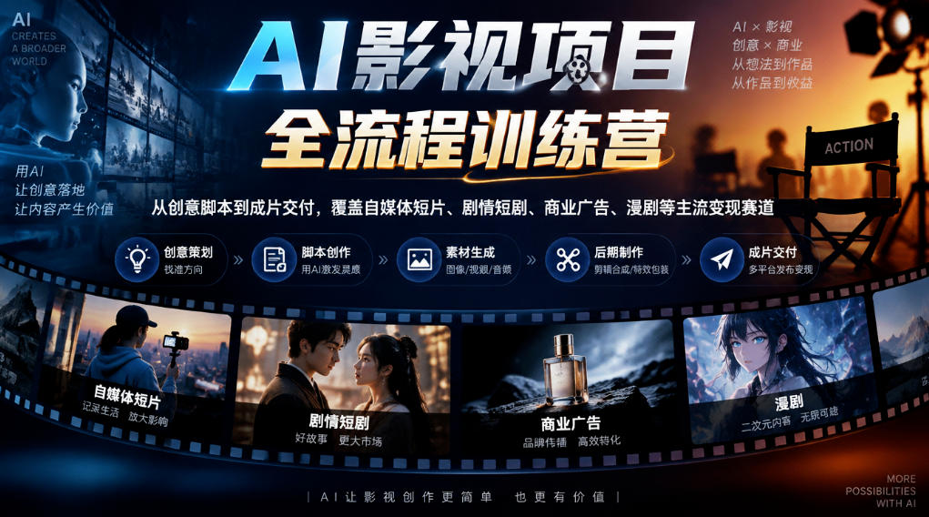 AI影视项目全流程训练营，从创意脚本到成片交付，覆盖自媒体短片、剧情短剧、商业广告、漫剧等主流变现赛道-小艾项目网