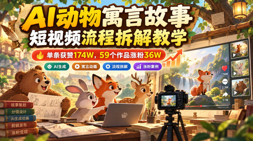 AI动物寓言故事短视频流程拆解教学，单条获赞174W，59个作品涨粉36W-小艾项目网