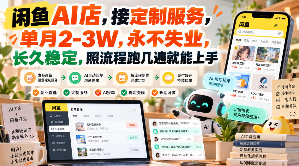 闲鱼AI店,接定制服务,单月2-3W,永不失业,长久稳定,照流程跑几遍就能上手-小艾项目网
