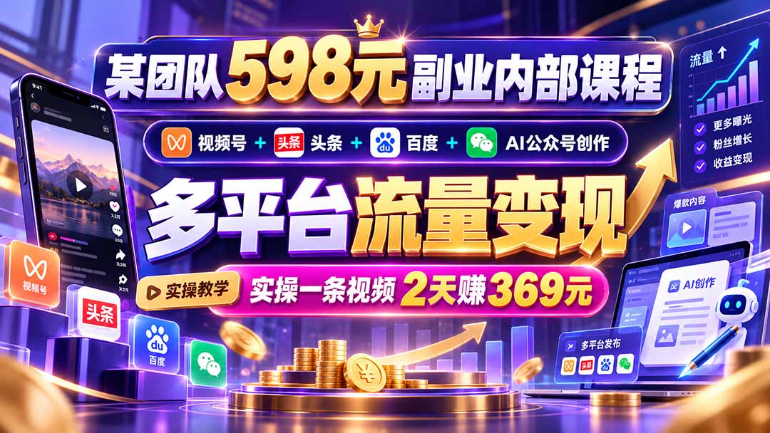 某团队598元副业内部课程：视频号+头条+百度+AI公众号创作、多平台流量变现，实操一条视频2天赚369元-小艾项目网