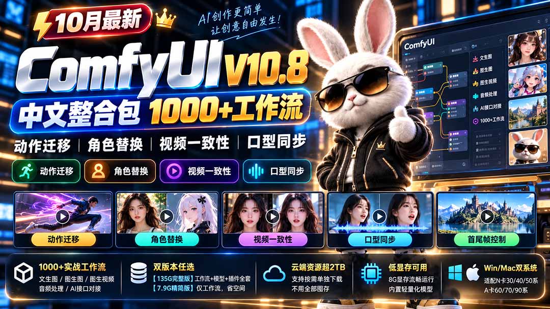 10月最新ComfyUI V10.8中文整合包 1000+工作流 动作迁移 角色替换 视频一致性 口型同步 低显存可用-小艾项目网