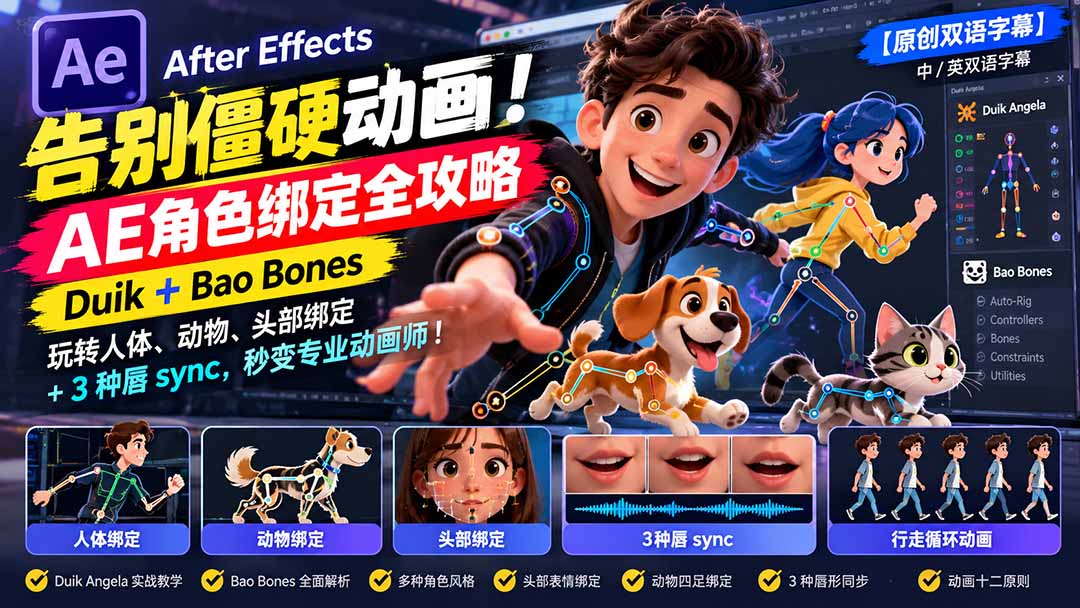 【无水印】告别僵硬动画!AE 角色绑定全攻略:Duik+Bao Bones玩转人体/动物/头部绑定+3种唇sync,秒变专业动画师-小艾项目网
