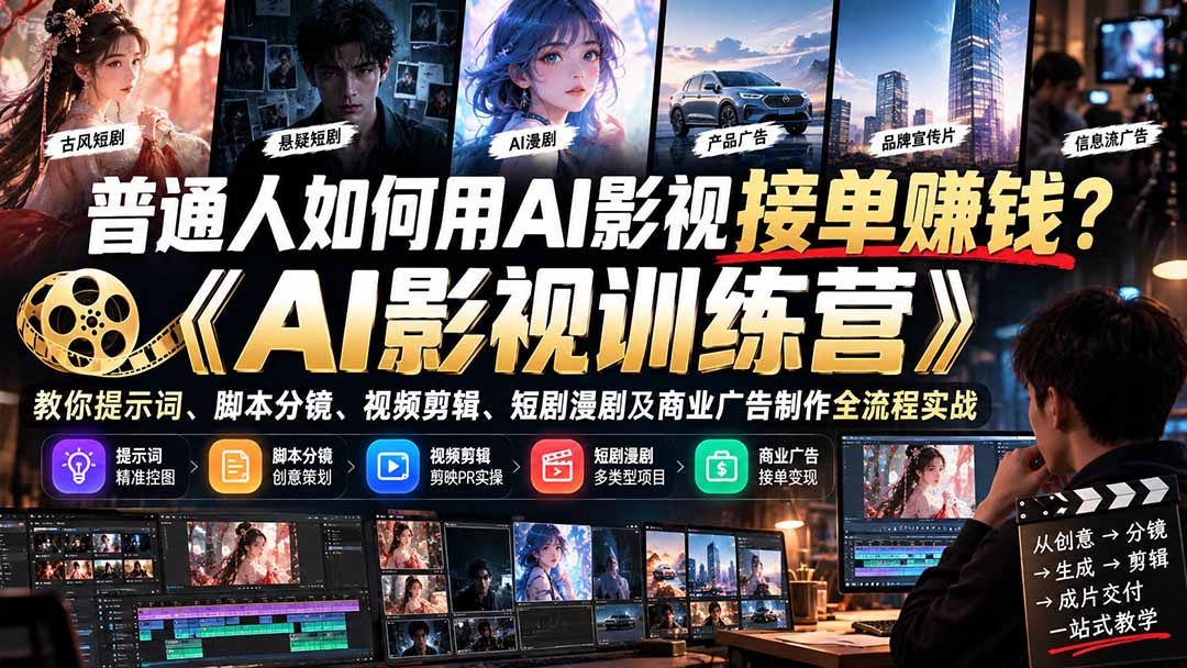 普通人如何用AI影视接单赚钱?《AI影视训练营》教你提示词、脚本分镜、视频剪辑、短剧漫剧及商业广告制作全流程实战-小艾项目网