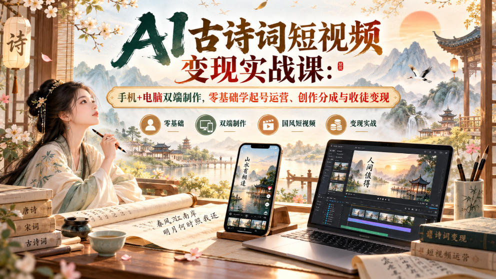AI古诗词短视频变现实战课:手机+电脑双端制作,零基础学起号运营、创作分成与收徒变现-小艾项目网
