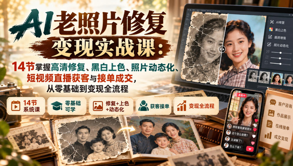 AI老照片修复变现实战课：14节掌握高清修复、黑白上色、照片动态化、短视频直播获客与接单成交，从零基础到变现全流程-小艾项目网