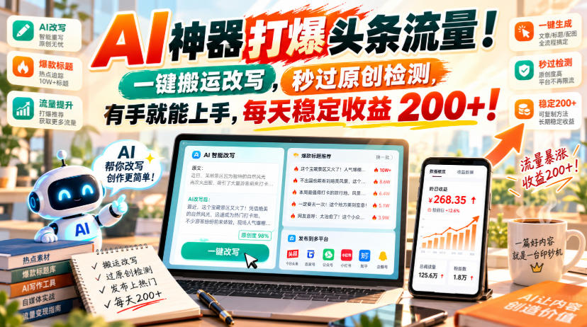 AI神器打爆头条流量，一键搬运改写，秒过原创检测，有手就能上手，每天稳定收益200+！【揭秘】-小艾项目网