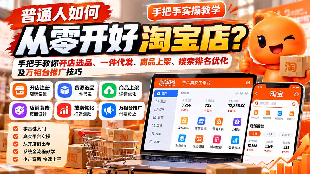 普通人如何从零开好淘宝店?手把手教你开店选品、一件代发、商品上架、搜索排名优化及万相台推广技巧-小艾项目网