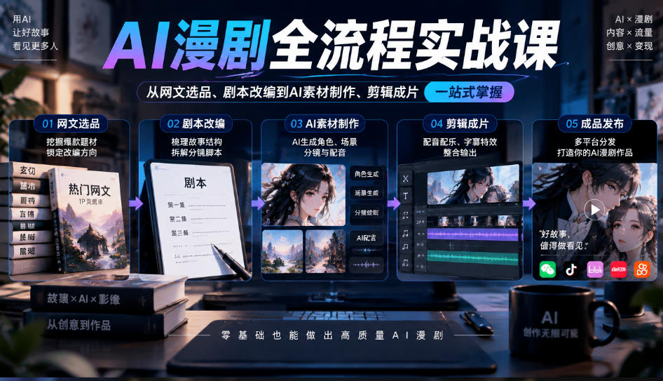 AI漫剧全流程实战课，覆盖从网文选品、剧本改编到AI素材制作、剪辑成片的完整链路-小艾项目网