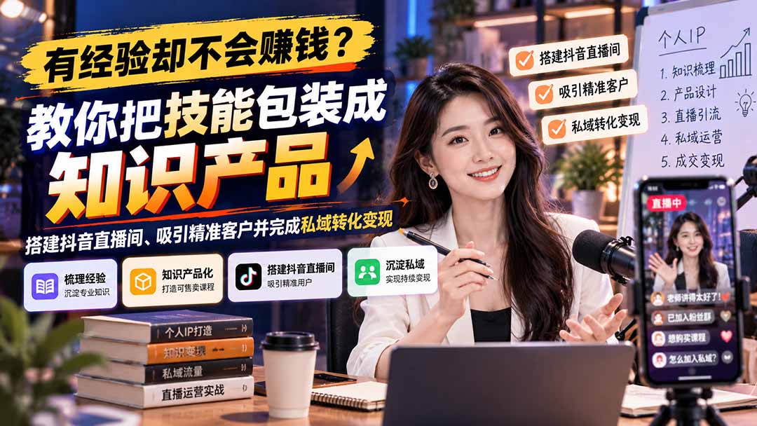 有经验却不会赚钱?教你把技能包装成知识产品,搭建抖音直播间、吸引精准客户并完成私域转化变现-小艾项目网