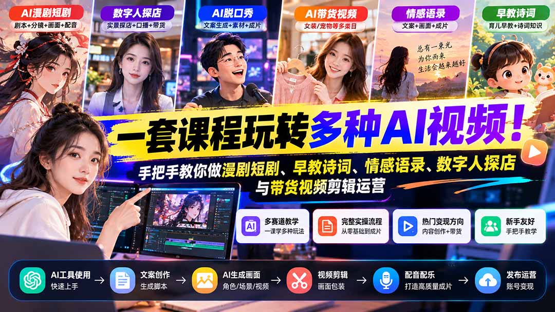 【无水印】一套课程玩转多种AI视频!手把手教你做漫剧短剧、早教诗词、情感语录、数字人探店与带货视频剪辑运营-小艾项目网