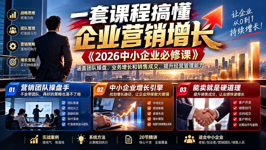 一套课程搞懂企业营销增长《2026中小企业必修课》涵盖团队操盘、业务增长和销售成交,提升经营管理能力-小艾项目网
