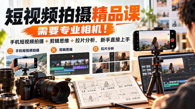 短视频拍摄精品课，需要专业相机！手机短视频拍摄+剪辑思维+拉片分析，新手直接上手-小艾项目网