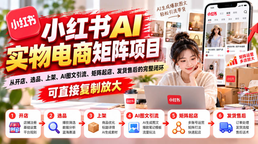 小红书AI实物电商矩阵项目，从开店、选品、上架、AI图文引流、矩阵起店、发货售后的完整闭环，可直接复制放大