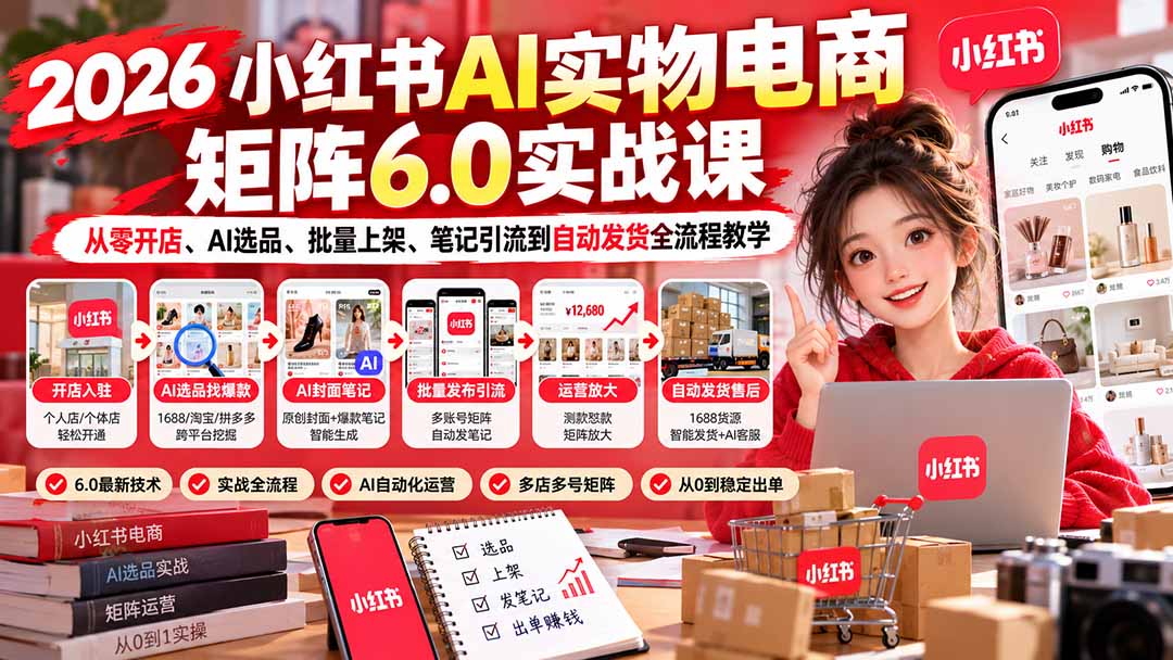 2026小红书AI实物电商矩阵6.0实战课:从零开店、AI选品、批量上架、笔记引流到自动发货全流程教学-小艾项目网