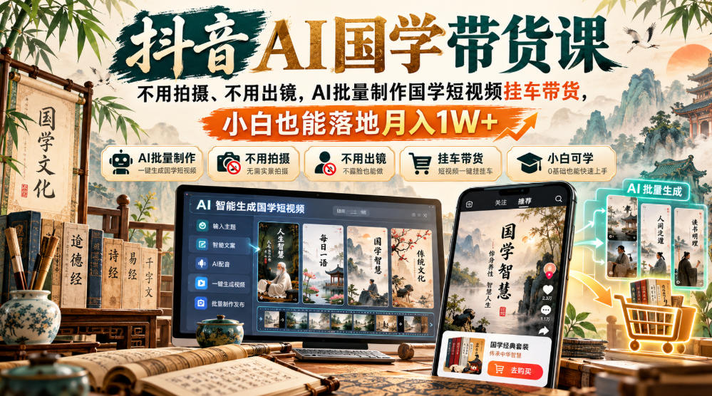 抖音AI国学带货课,不用拍摄、不用出镜,AI批量制作国学短视频挂车带货,小白也能落地月入1W+-小艾项目网