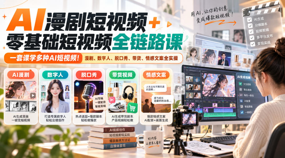 AI漫剧短视频+零基础短视频全链路课,一套课学多种AI短视频!漫剧、数字人、脱口秀、带货、情感文案全实操-小艾项目网
