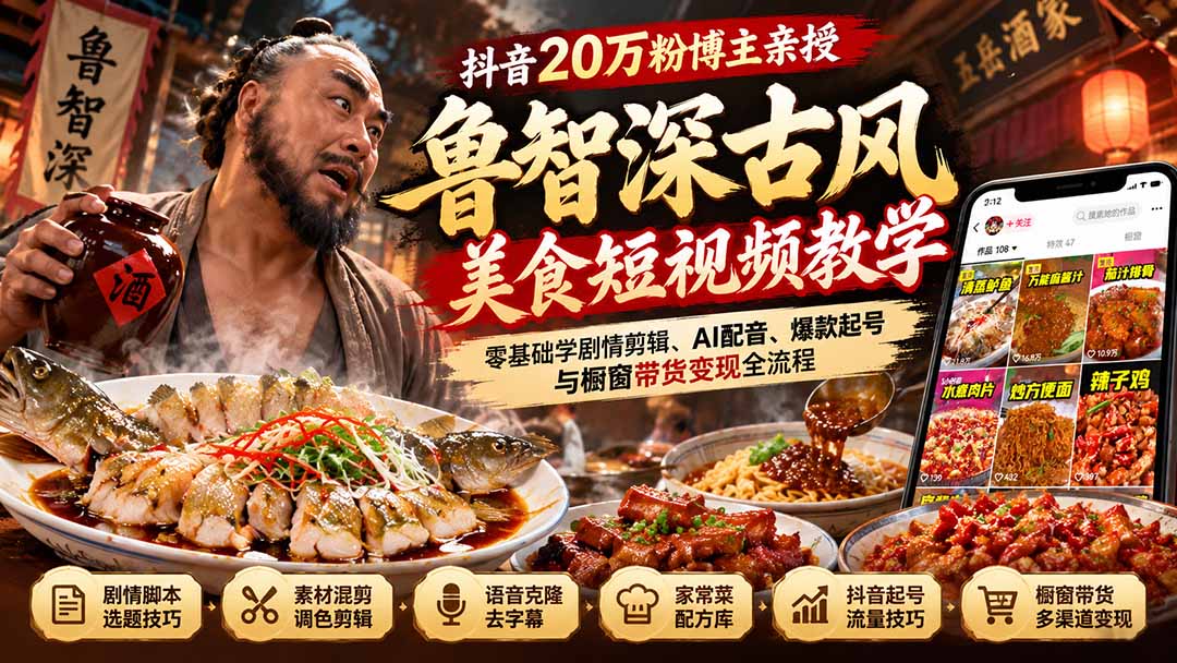 抖音20万粉博主亲授鲁智深古风美食玩法：零基础学剧情剪辑、AI配音、爆款起号与橱窗带货变现全流程-小艾项目网