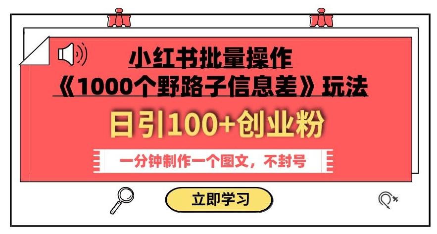 小红书批量操作《1000个野路子信息差》玩法，一分钟制作一个图文，不封号，日引100+创业粉-小艾项目网