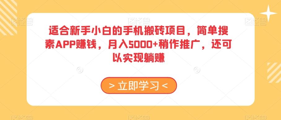 适合新手小白的手机搬砖项目，简单搜素APP赚钱，月入5000+稍作推广，还可以实现躺赚【揭秘】-小艾项目网
